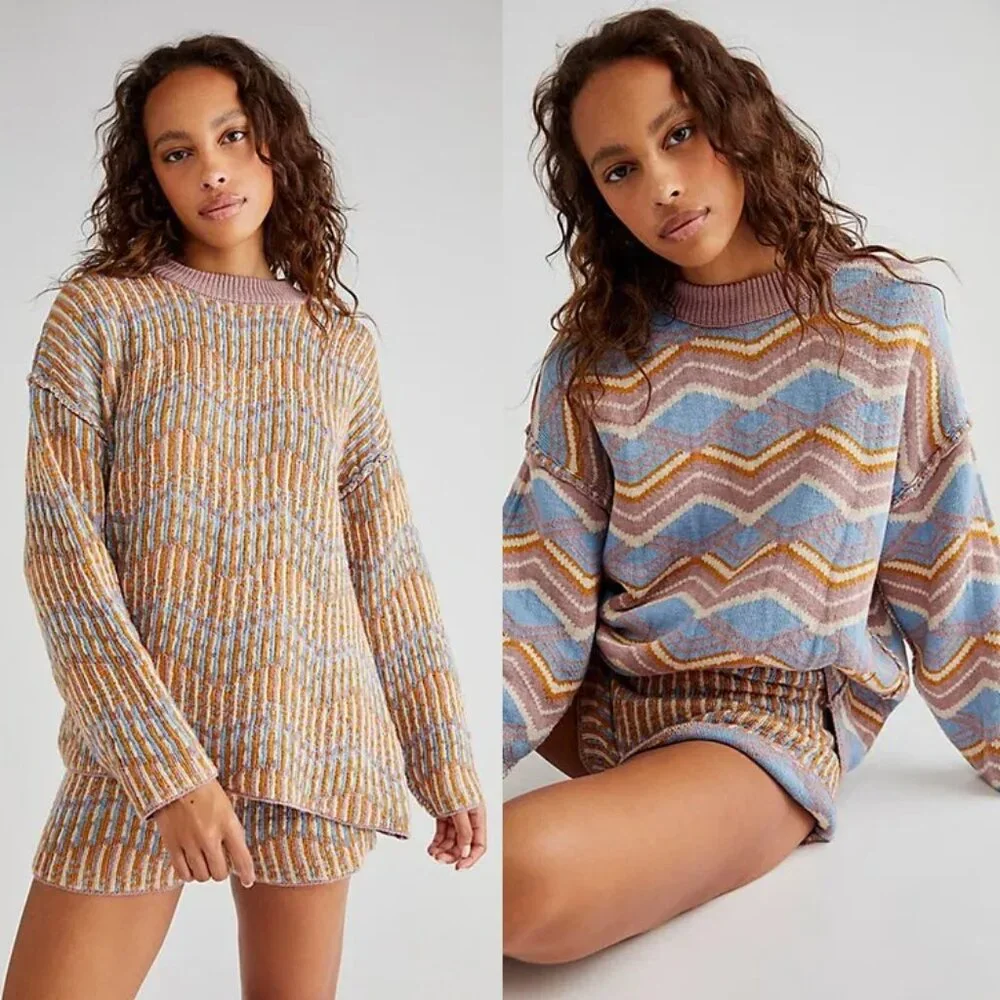 Free People Beach Malibu Pattern Sweater‎ Size S Crewneck Oversized Reversible